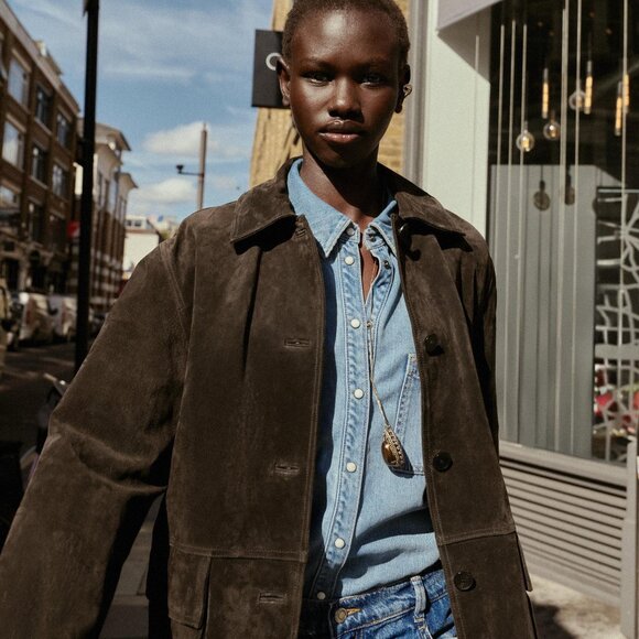 ZARA WOMAN FW25 DARK KHAKI 100% SUEDE JACKET SMALL - Picture 3 of 8